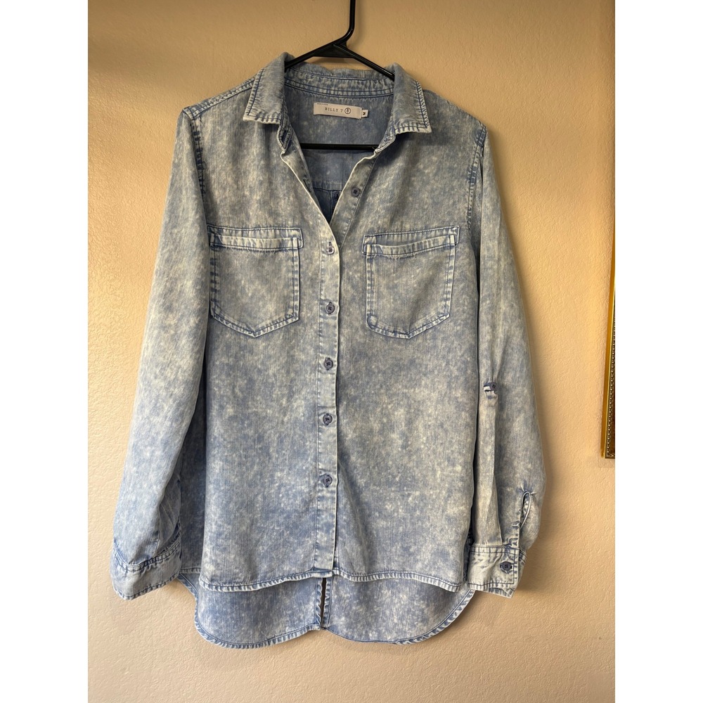 Billy T Womens Acid Wash Denim Button Down Shirt Split Back Roll Tab Blue Size M